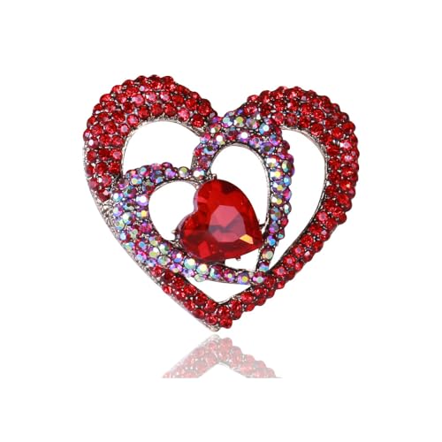 Image of Sparkly Full Rhinestone Heart Brooch Pin Hollow Double Lapel Pin Badge Red Heart Pins Mothers Day Gift Jewelry