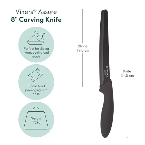 Viners Assure 8” Carving Knife Stainless Steel Blade with Squared Tip for Safety, Soft Grip Handle, Non-Stick Coating, Rust-Resistant, Ideal for Slicing Meat, Poultry & Roasts - Image 3