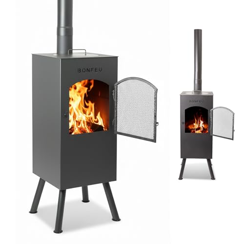 BonFeu BonCarré Schwarz - Terrassenofen - Feuerstelle mit Funkenschutz für entspannte Abende - Feuersäule Outdoor - Terrassenkamin mit Grillrost -...