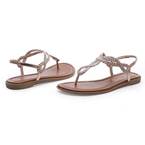 Centropoint Women's Braided T-Strap Thong Slip On Flat Sandals With Elastic Brand Roman Gladiator Fashion Flip Flop Shoes(Rose Gold, Numeric_8) #TOP6