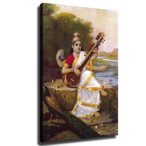 Raja Ravi Varma Goddess Saraswati Academicism Poster Canvas Print Painting Picture Aesthetic Wall Art Bedroom Living Room Decoration (08×12inch Unframed)