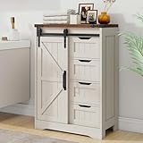 Halitaa Farmhouse Bathroom Floor Storage Cabinet with 4 Drawers, Bathroom Cabinet with Sliding Door, Rustic Storage Organizer for Kitchen, Living Room, Rustic Style, White