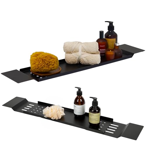 DABSTORY Plateau de baignoire en acier inoxydable réglable 70 cm à 94 cm Plateau de salle de bain rectangulaire Boîte de rangement rectangulaire pour bougies, savon, serviettes (noir)