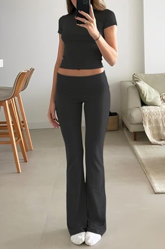 Women's 2 Piece Lounge Outfits Slim Short Sleeve Tops Low Rise Flare Leggings Sets Yoga Sweatsuit4