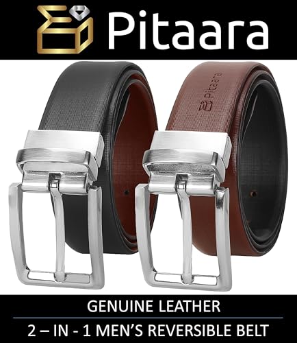 Pitaara Genuine Leather Reversible Belt For Men, Crossline Pattern (Black/Brown)2
