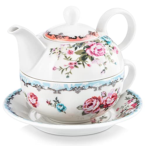 MALACASA Teapot Set, Porcelain Tea Pot Serving Tea for One Set, Blooming & Loose Leaf Teapots, 11 Ounce Teapots, 8.4 Ounce Teacup and Saucer Set, Series SWEET.TIME