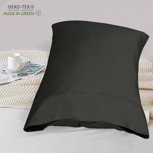 Image of ROYALE LINENS 300 Thread Count 100% Long Staple Combed Cotton Pillowcases Set of 2 - Ultra Soft- King Bed Pillow Cover - 20 inchx40 inch - Breathable, Cool & Crisp Percale Black Pillow Cases (King, Black)