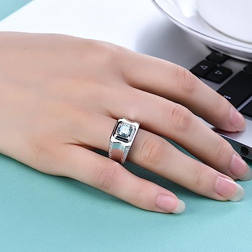Gem's Beauty Green Moissanite Men's Rings 1.0ct 6.5mm D Color Green Moissanite Engagement Ring imitation Diamond Rings 925 Sterling Silver Wedding Ring for Men(Size 8-123