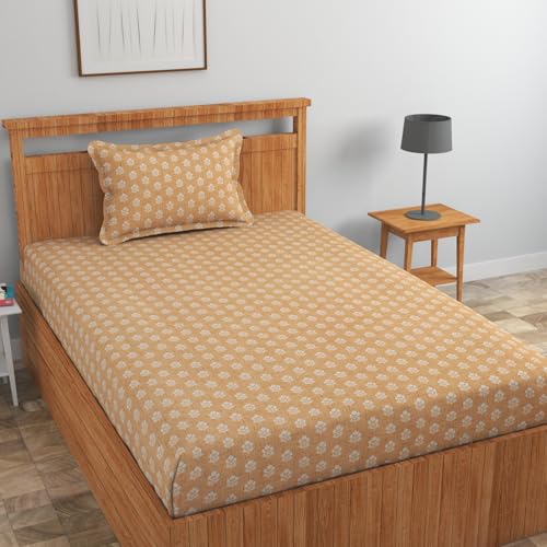 Image of NHD HOME Glace Cotton Floral 200 Tc Flat Single Bedsheets For Summer Breathable | Wrinklefree (Size-60 X 90 Inch) With 1 Pillow Covers (Size-17 X 27 Inches, Olden White), Smallsingle