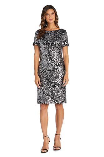 R&M Richards Women's Elegant Knee Length Sequined Gown - Short Sleeves Evening Cocktail Attire Party Dress Black Gun