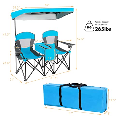 Middow Silkydry Double Camping Chairs, Folding Loveseat Camp Chairs W/Adjustable Uv Protection Shade, Cup Holders, Cooler & Carry 28.5D X 65.5W X 59.5H In #TOP6