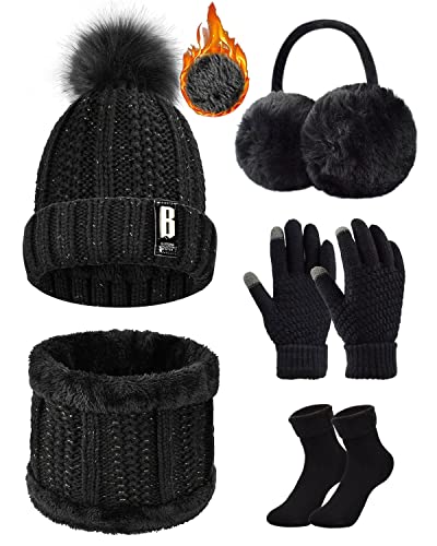 Voqeen 5 Pièces Ensemble de Ski d’Hiver de Femme Tricotés Ensemble d'hiver Bonnet Chaude Écharpe Gants en Tricot Cache-Oreilles Chaussettes Chapeau Pompon Cover