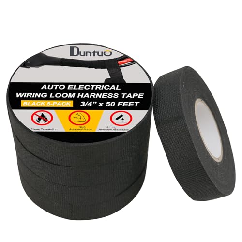 DUNTUO 3/4 Inch x 50 FT Self-Adhesive Fabric Wire Harness Tape - 5 Rolls Automotive Electrical Cable Loom Wrap, High Temp Heat Resistant, Engine Wiring Protection Starter Kit