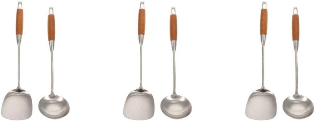 6pcs Stainless Steel Cooking Spatula and Wooden Handle Spoon Home Kitchen Use Kitchen Gadget for Stirring and Serving Soups Stews and More