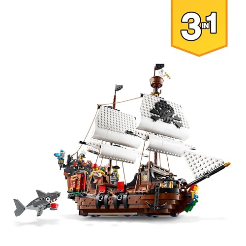 LEGO Creator Galeone dei Pirati, Set 3 in 1 con Nave Giocattolo, Locanda e Isola del Teschio, Minifigure e Squalo da Costruire, Giochi Creativi 31109 - Immagine 1