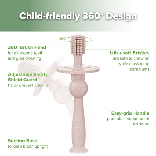 Image of haakaa 360 Baby Toothbrush with Suction Base - Dusty Pink | Gentle Cleaning for Infants, Gum Massage, BPA-Free, Food-Grade Silicone, Adjustable Safety Shield, Safe for Babies 6 Months+