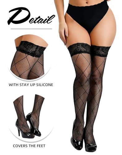 Image of Women Sexy Tights Fishnet Stockings Thigh High Lace Top Silicone Stay Up