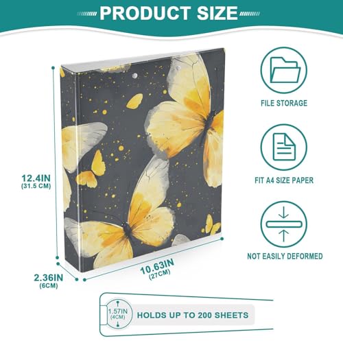 Image of 3 Ring Binder Butterfly Yellow Butterflies 1.5 inch Binders Three Ring Binders with Clipboard Fit 8.5'' x 11'' Paper 3 Interior PVC Clear Pockets for Office Supplies