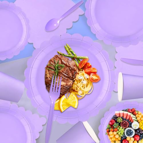175 Pcs Lavender Paper Plates and Napkins, 25 Guest Light Purple Party Supplies Include Purple Scalloped Plates Napkins Cups Plastic Spoons Forks Knives for Baby Shower Wedding Birthday Party by Inefaso - Used condition - Image 4