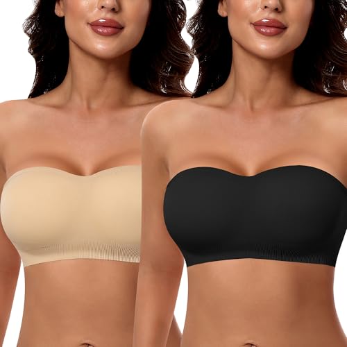 Image of DOCUMO Strapless Bra for Women Padded Bandeau Bra Non-Slip Silicone Seamless Wireless Tube Top Bra