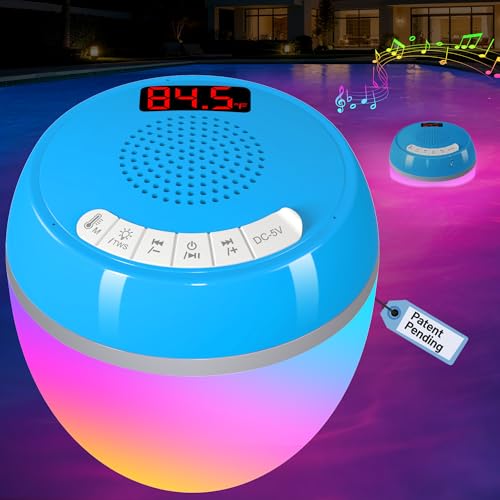 FluSing 3 in 1 Floating Pool Speaker with Digital Thermometer,Bluetooth Pool Speaker with Colorful Lights,TWS Floating Bluetooth Speaker for Pool IP68 Waterproof,Loud Sound Hot Tub Speakers-Light Blue