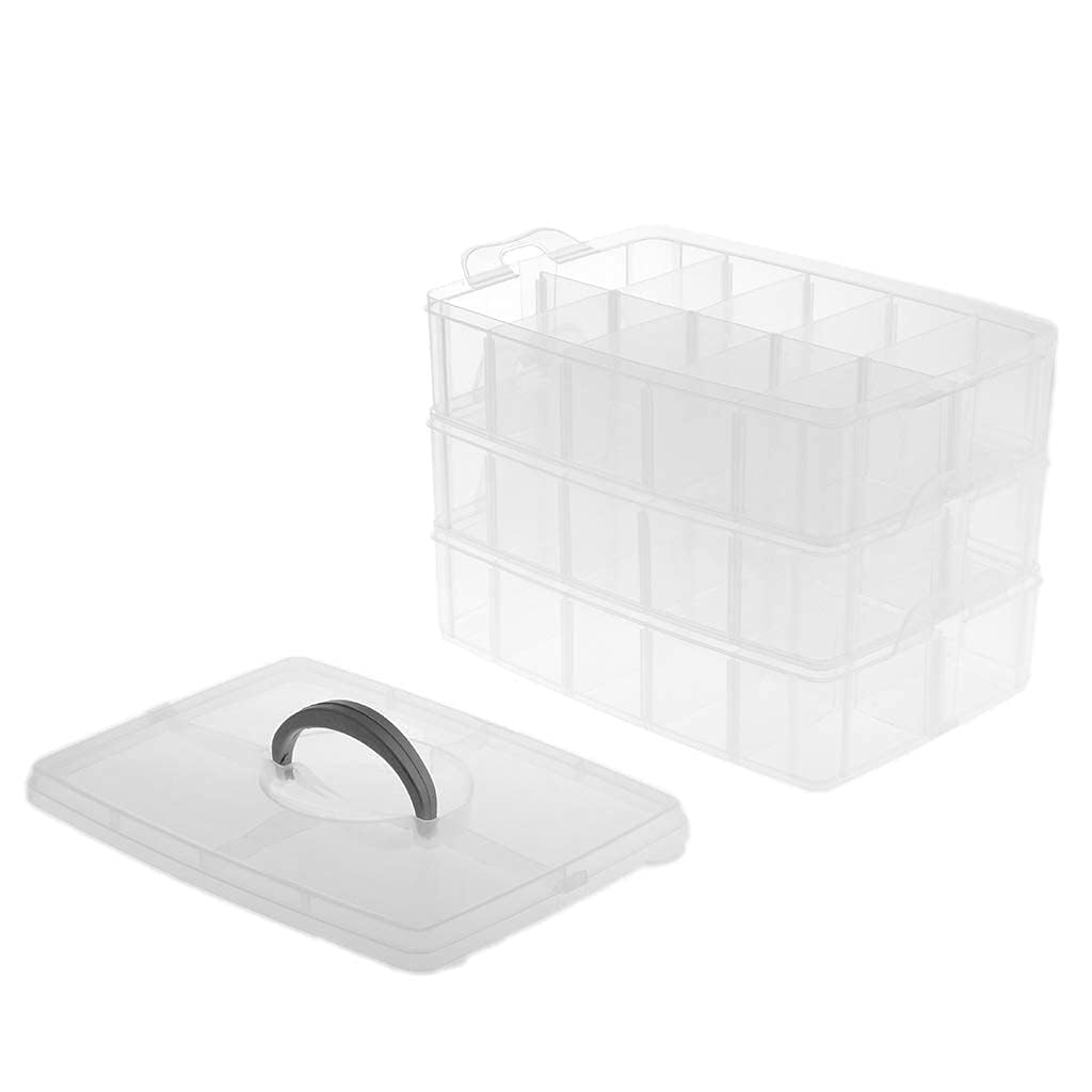 Organiseur de rangement blanc à 3 couches et 30 compartiments en plastique transparent pour bijoux, accessoires d'artisanat, utilisation polyvalente, boîte de rangement avec séparateurs