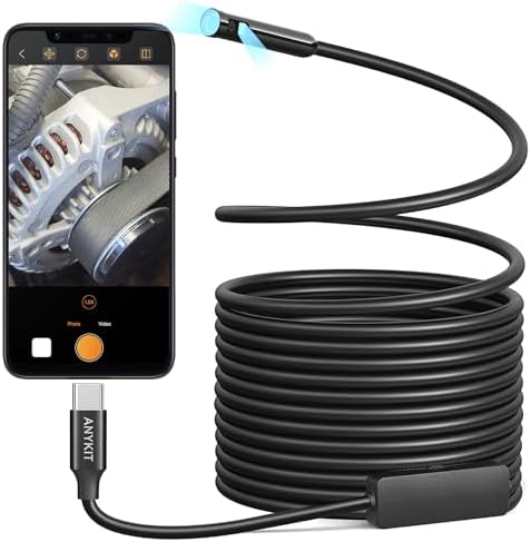 Anykit Dual Lens Endoscope Camera, Type-C Borescope with 8 Adjustable LED Lights, IP67 Waterproof 16.5ft Semi-Rigid Snake Cord Inspection Camera Compatible with Type C iPhone 15 & Android Phone