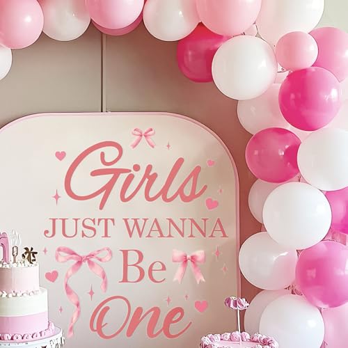 Girls Just Wanna Be One Decal - Pink Bow Backdrop Yard Signs For Girl Outdoor First Birthday Party, Sweet Ones Theme BDAY Parties Decorations Sticker Sign(Only Sticker)