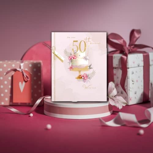 Clintons: Floral & Fern With Gold Effect Cake 50th Birthday Card, 50th Milestone Birthday Greetings Card, 200x155mm, multi-color