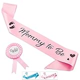 CORRURE Baby Shower Sash and Button Pin for Girl - 'Mommy to Be' Sash and 'Daddy to Be' Pin with Beautiful Pink Ribbon and Black Foil Text - Ideal Mom and Dad Gift for Gender Reveal/Baby Shower