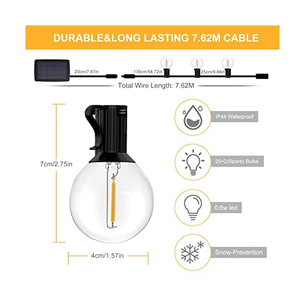 Qxmcov Solar Lichterkette Außen, Lichterkette Glühbirnen 25+2 LED Solar Lichterkette Aussen Globe Birnen Lichterkette… – Bild 8