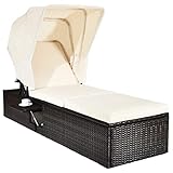 HAPPYGRILL Patio Chaise Lounge with Retractable Canopy, Outdoor Reclining Chair with Adjustable Backrest, Rattan Wicker Daybed with Coffee Table for Beach Poolside Backyard Balcony Porch