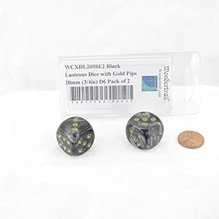 Black Lustrous Dice with Gold Pips 20mm (3/4in) D6 Pack of 2 Wondertrail