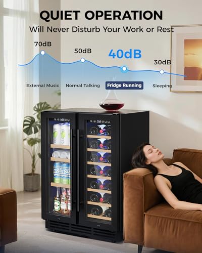 Image of 24 Inch Dual Zone Wine Fridge for 21 Bottles and 60 Cans, Under Counter Refrigerator with 42dB Quiet Operation & Blue LED Light, Beverage Refrigerator with Glass Door (Black)