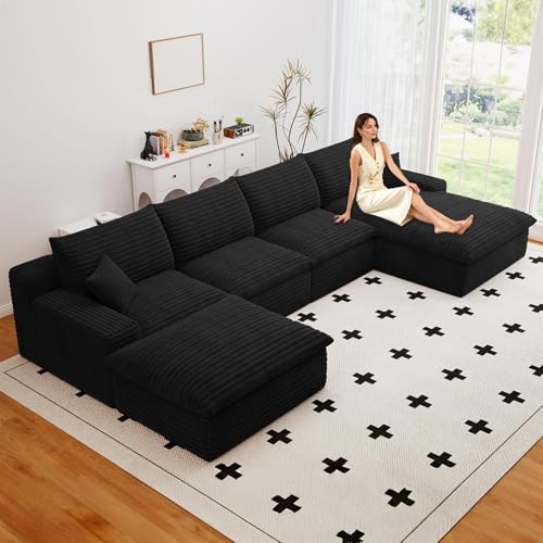 Image of 136 inch Cloud Couch Modular Sectional Sofa for Living Room, U-Shape Boneless Couch with Deep Seat, Modern Corduroy 4-Seater with Ottoman, No Assembly Required (Black,Right-Facing Chaise)