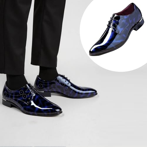 Image of Men Fashion Dress Business Shoe Pointed Toe Floral Patent Leather Lace Up Oxford Black Brown Red Grey