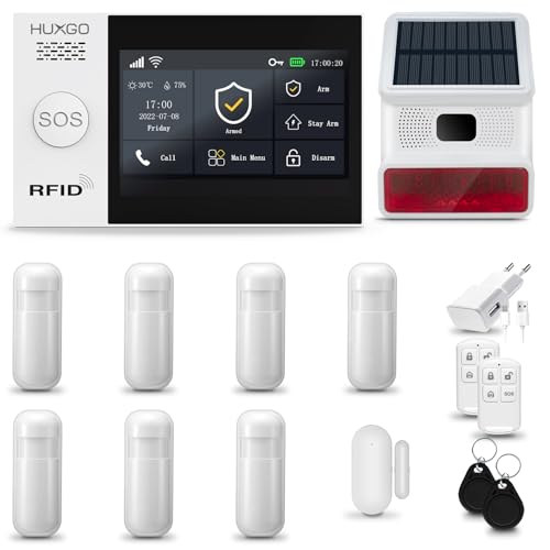 HUXGO® HXA007 Kit Alarma casa WiFi + gsm con Solar Sirena inalámbrico| Alarma hogar Kit con 7X sensores PIR de Movimiento, 1x Sensor de Puerta/Ventana | Control Desde el teléfono