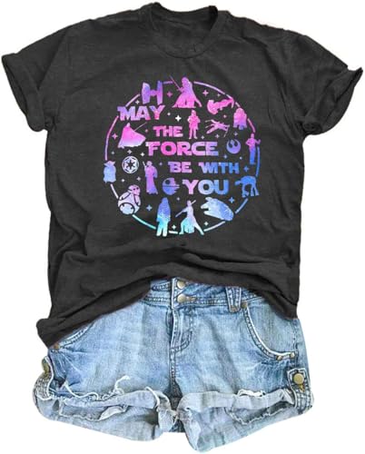 FRYAID May The Power Be with You Shirt Women Vintage Magical Tshirt Magic Graphic Tee Family Vacation Casual Short Sleeve Top