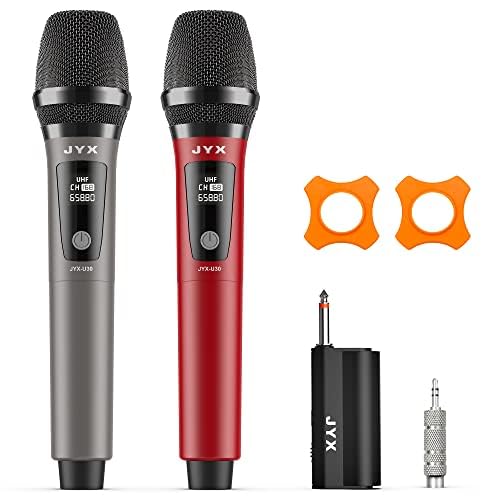 JYX Dual UHF Wireless Microphones with Rechargeable Receiver, Handheld Dynamic Mics, 160ft Range, 6.35mm & 3.5mm Adapters