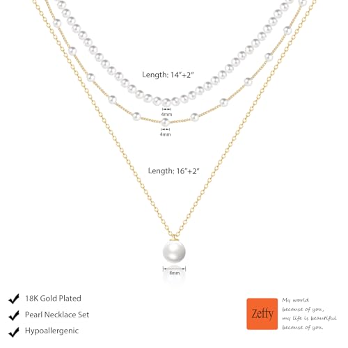 image for Zeffy Layered Gold Pearl Necklaces for Women 14K Gold Plated Dainty La