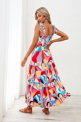 Image of AlvaQ Women Summer High Waist Long Maxi Dress Spaghetti Strap Swing Sun Dress Multicolor Medium