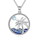 CRMAD Palm Tree Necklace Sterling Silver Moonstone Ocean Wave Beach Pendant for Women(Palm Tree)