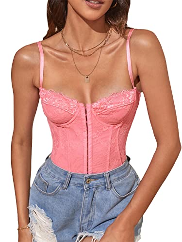 Makemechic Women's Lace Bustier Corset Top Spaghetti Strap Criss Cross Cami Crop Top Coral Pink M #TOP23
