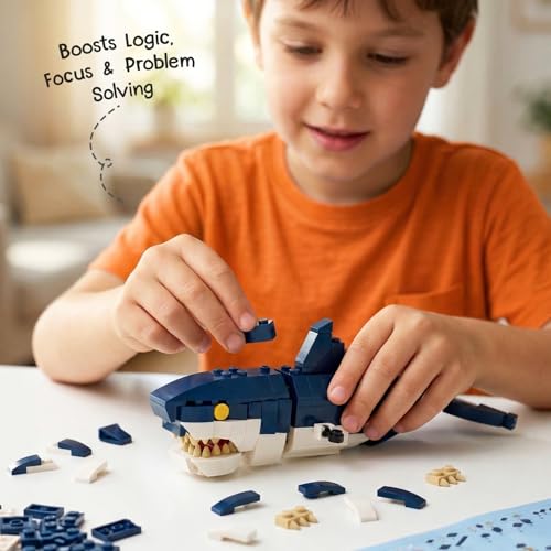 Image of Intelliskills Think Blocks: 3-in-1 Aquatic Animals 118 Piece Set,Shark, Squid&Seahorse, Model Building Kit for Kids,STEM Construction Set for Toddlers,Assemble&Play Game,Activity&Gifting Toy (Blue)