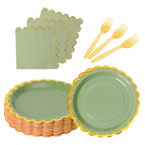 Leapig Sage green & gold scalloped party plates with napkins and fork gold foil border, 24 Guest green disposable Tableware Set Party Decoration for Birthday Coquette Bridal Baby Shower Valentines