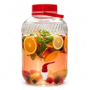 Relaxdays Getränkespender, 10 Liter, Glas, Kaltgetränke, Zapfhahn, Deckel, Tragegriff, Wasserspender, transparent/rot