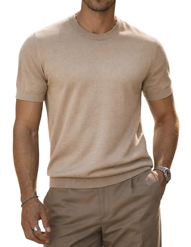 JMIERR Mens Summer Wool Blend Crewneck Knit Shirts Sweater Lightweight Casual Short Sleeve Pullover for Dress Work Shirts Khaki