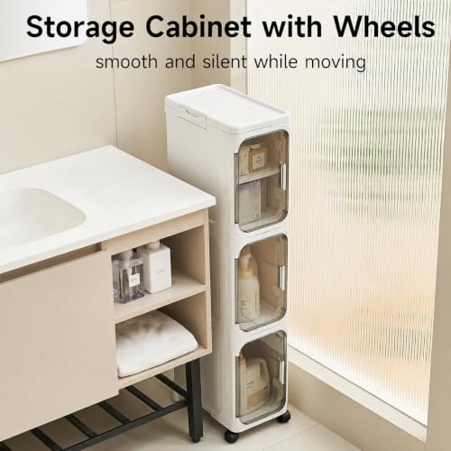 Image of KRISHYAM 3 Door Slim Storage Cabinet with Wheels, Multipurpose Plastic Organizer with Transparent Doors, Removable Shelves, Magnetic Closure & Top Tray for Bathroom, Bedroom, Kitchen, White