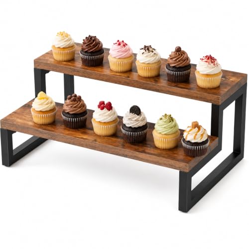 Image of Craft Mshopr 2-Step Wooden Cake Stand Cupcake Display - Rustic Brown, 14-Inch Multi-Purpose Dessert Stand with Iron Accents - Tiered Wedding Cake Holder, Party & Bakery Serving Platter