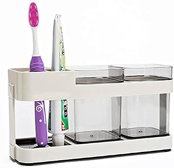 INOVERA (LABEL) Plastic Inovera Bathroom Toothbrush Toothpaste Holder Stand Storage Organizer With 2 Cup, Off White